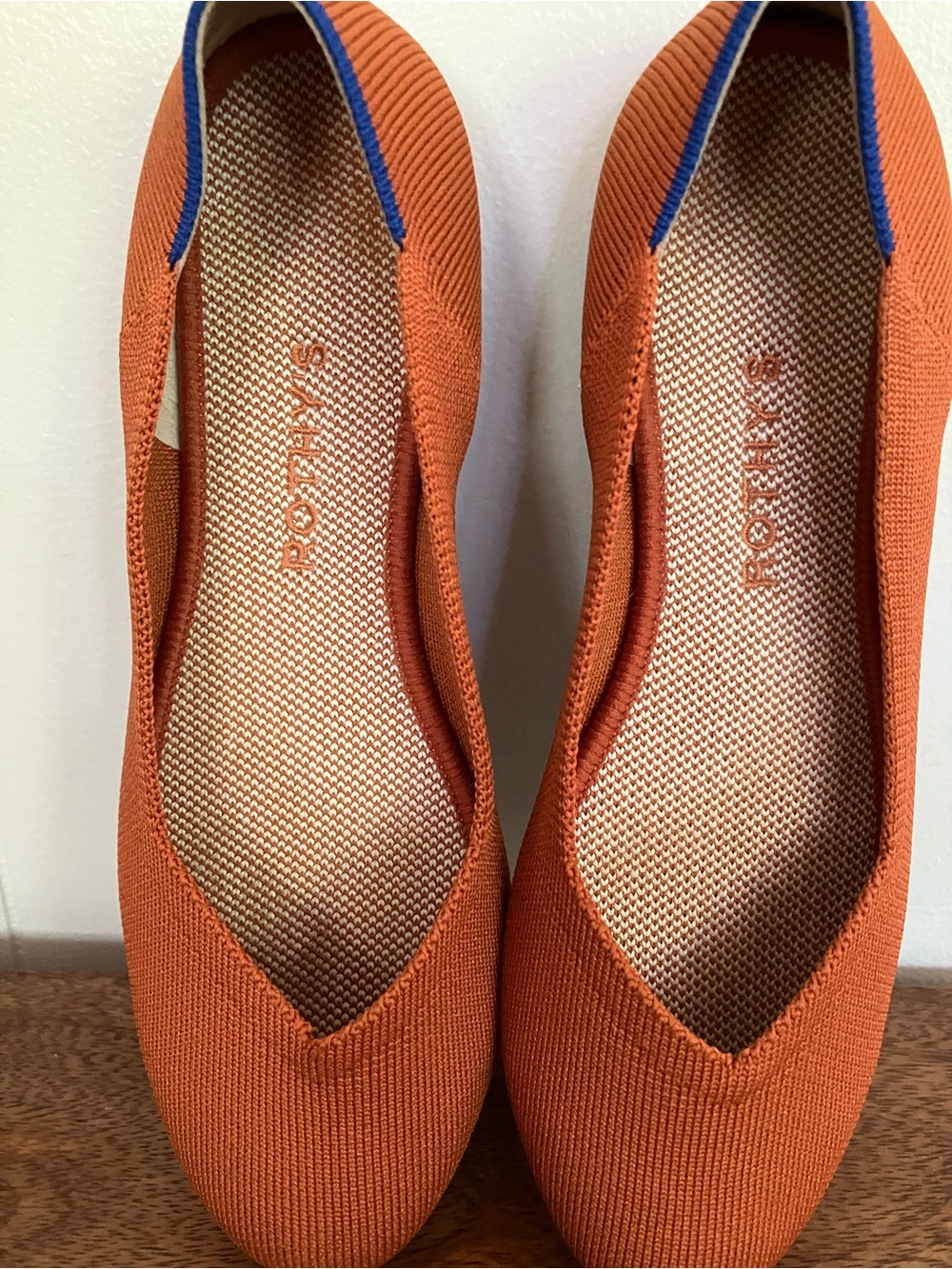 Rothy's Rust Orange Knit Pointed Ballet Flats with Blue Trim